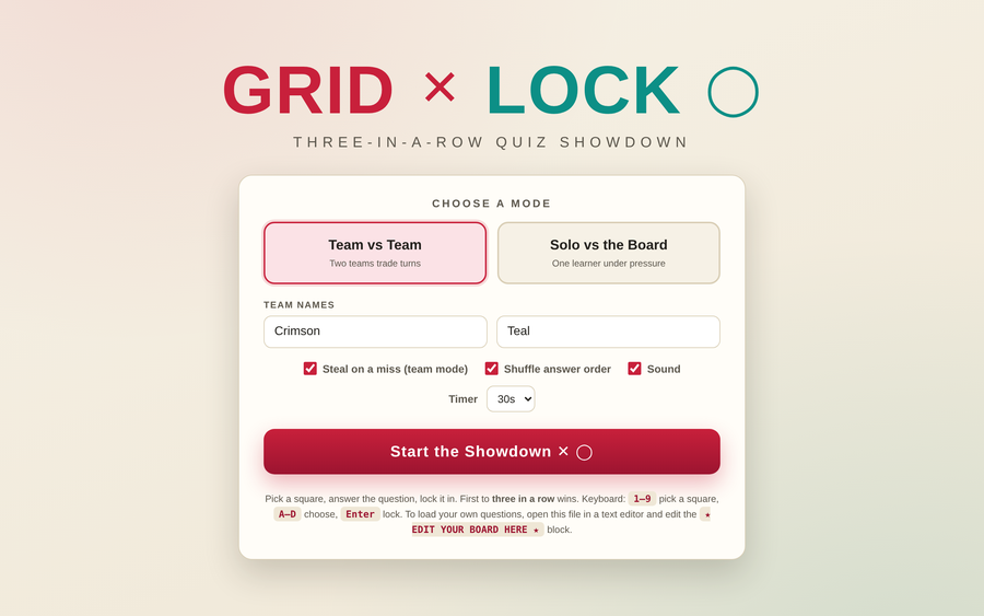 Screenshot of Grid Lock — Three-in-a-Row Quiz Showdown