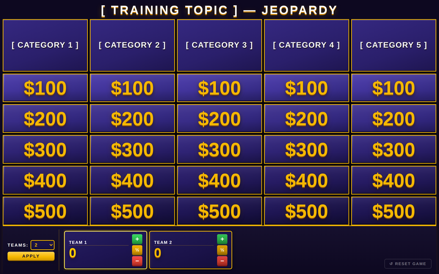 Screenshot of Jeopardy-Style Training Review Game