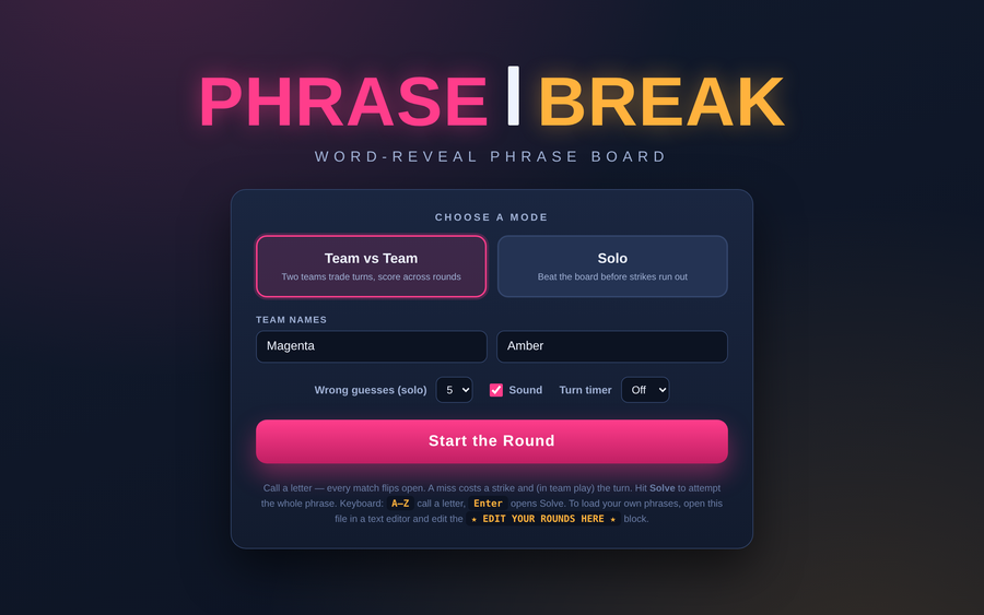 Screenshot of Phrase Break — Word-Reveal Phrase Board