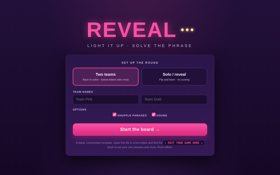 Screenshot of Reveal — Hidden Phrase Board