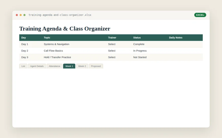 Training Agenda & Class Organizer