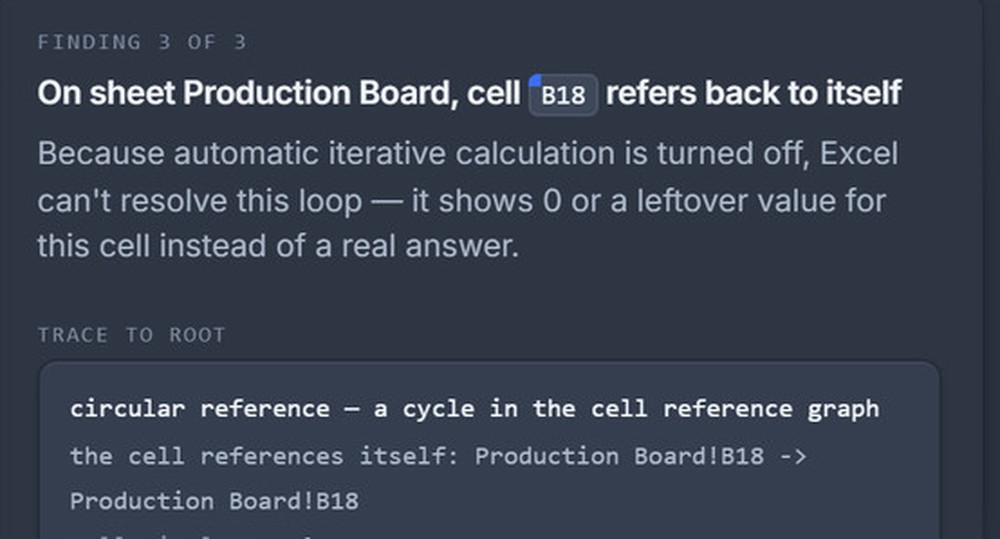 An expanded finding showing the explanation and the trace back to the root of a circular reference